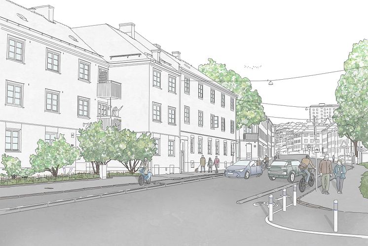 Skiss - Såggatan med planerade enkelriktade cykelbanor samt bilparkering på ena sidan av gatan SKISS NORCONSULT och GÖTEBORGS STAD.jpg