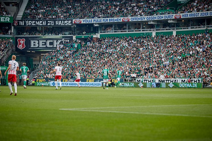 Die DOYMA-Bandenwerbung ziert den Spielfeldrand im Weserstadion in Bremen.