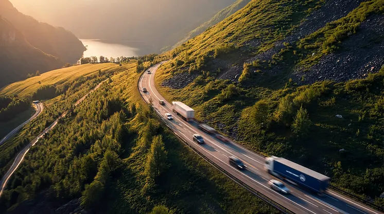 Fahrbahn durch die Berge mit Autos und Lkw
