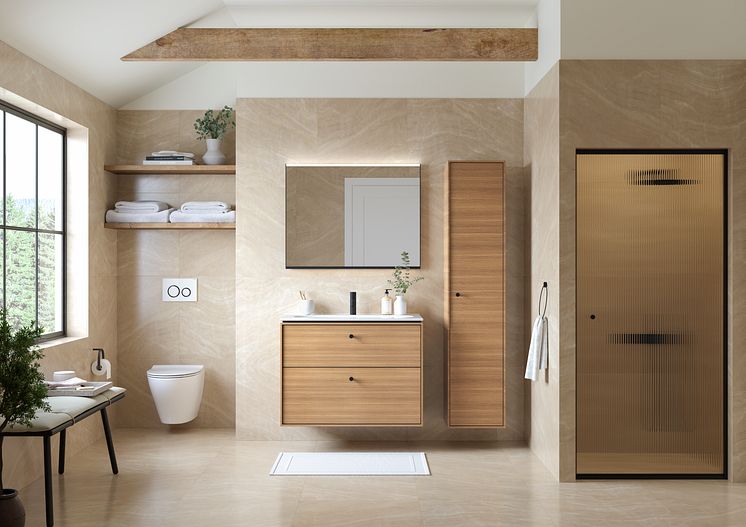 Kuvassa IDO Sense Art -allaskaluste ja -kaappi tammensävyisenä, valaistu Geberit Option Plus Square -peili, uusi IDO Glow Modern -seinä-wc-istuin sekä Geberit Sigma21 -huuhtelupainike.tif