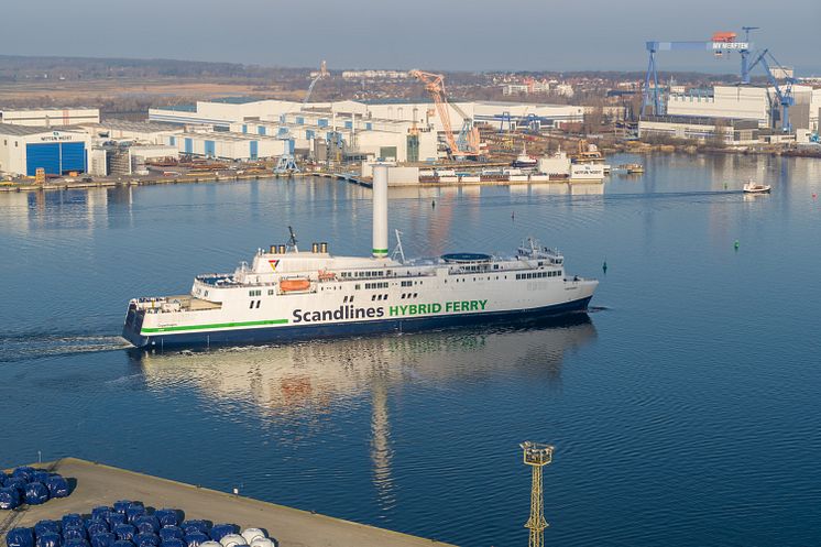 Scandlines hybrid ferry Copenhagen with rotor sail leaving the port of Rostock