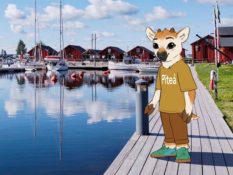 Maskoten Robin vid västra kajen i Piteå