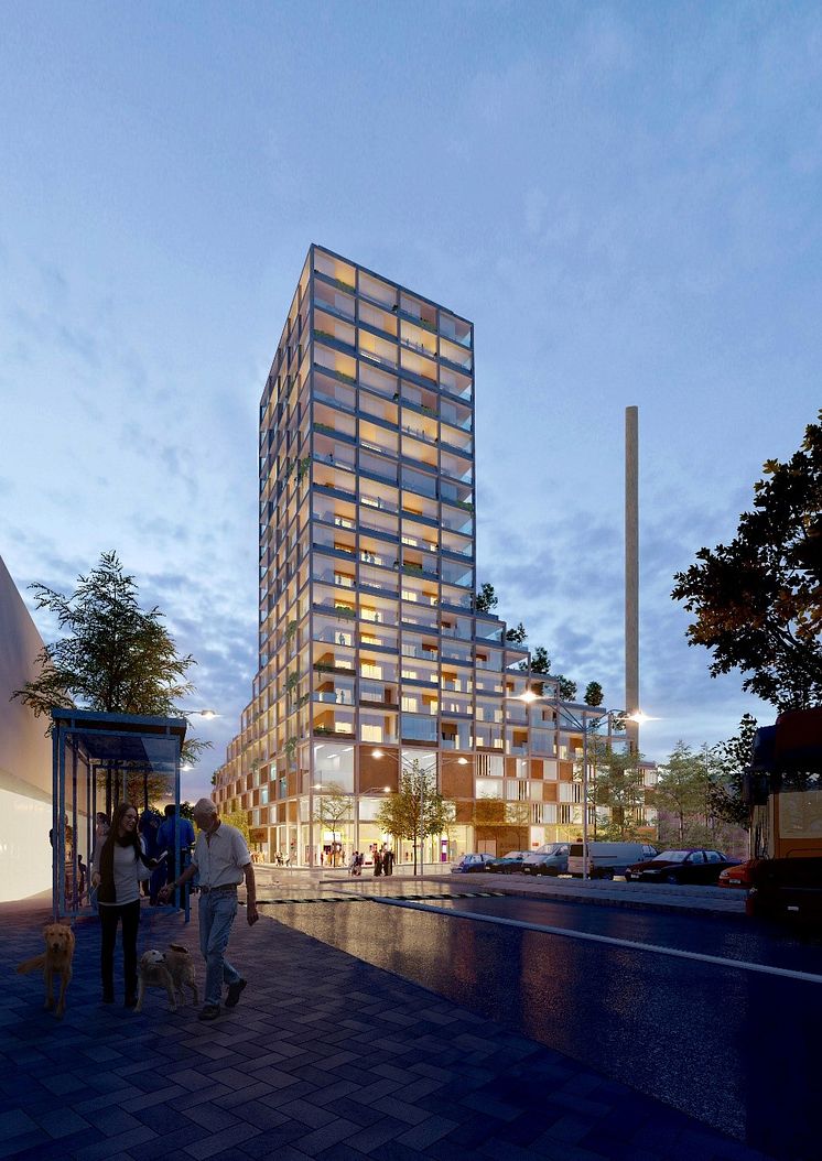 Vision över hur höghuset med bostäder, handel och parkeringsgarade kan komma att se ut Arkitekt Kirsh + Dereka Arkitekter.jpg