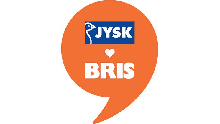 En oragne pratbubbla med JYSKs logotype, ett hjärta och Bris logotype. 