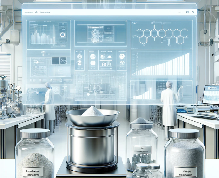 A visually detailed and professional illustration of a pharmaceutical formulation process in a modern, clean laboratory setting.png