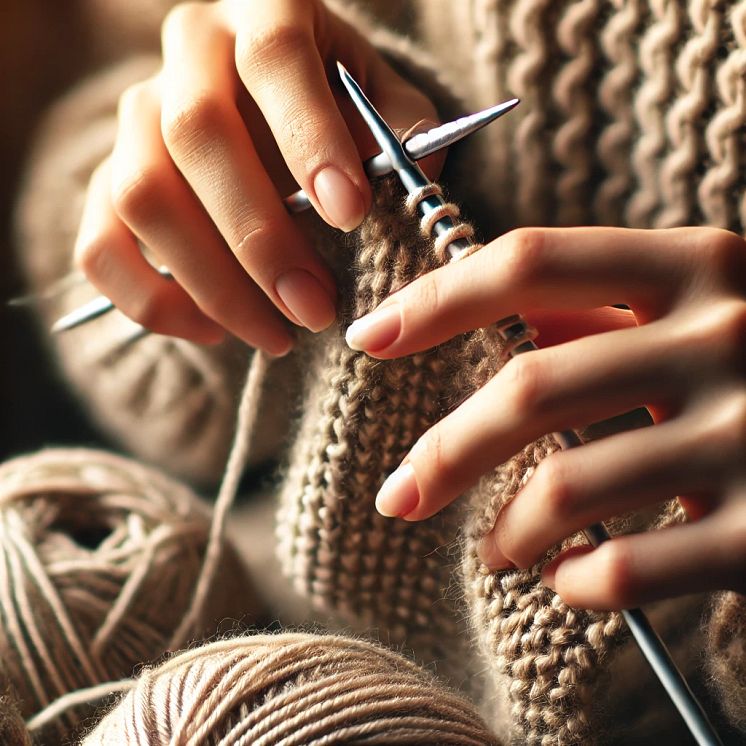 DALL·E 2024-11-05 16.56.50 - A close-up of hands knitting with yarn, focusing on two hands holding knitting needles and a partially knitted piece. Each hand has a natural number o.webp