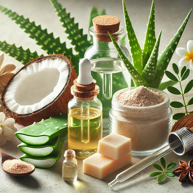 DALL·E 2024-11-28 13.16.26 - A detailed and realistic close-up of ingredients used in the cosmetics industry. The image showcases natural elements like fresh aloe vera leaves, she.jpg
