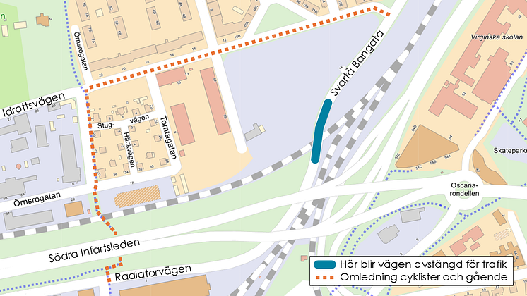 Kartbild som visar arbetsområde vid Svartå Bangata