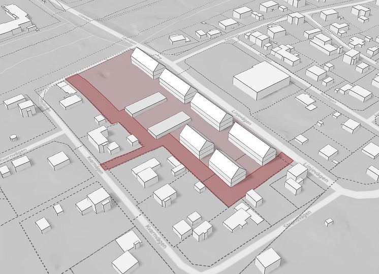 Förenklad volymillustration av en möjlig exploatering utifrån planförslaget, sett från sydost..jpg