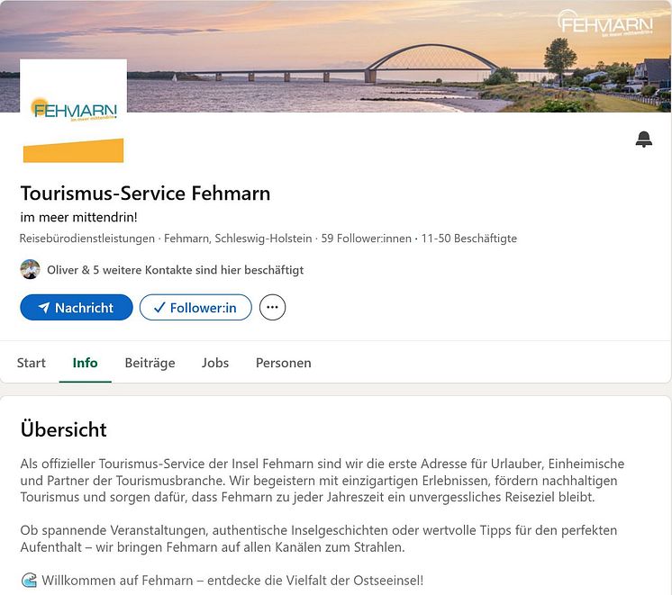 LinkedIn-Kanal des Tourismus-Service Fehmarn
