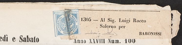Naples. 1860. TRINACRIA, 1:2 tornese, blue. Pos. 40. Excellent and flawless copy with large margins on wrapper on complete newspaper "L'Omnibus" dated .jpeg