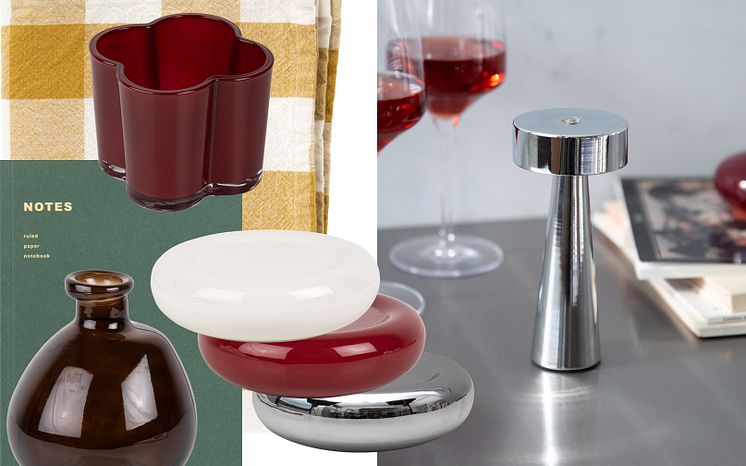 Stilren inredningsbild med moderna designföremål i krom, glas och keramik. 