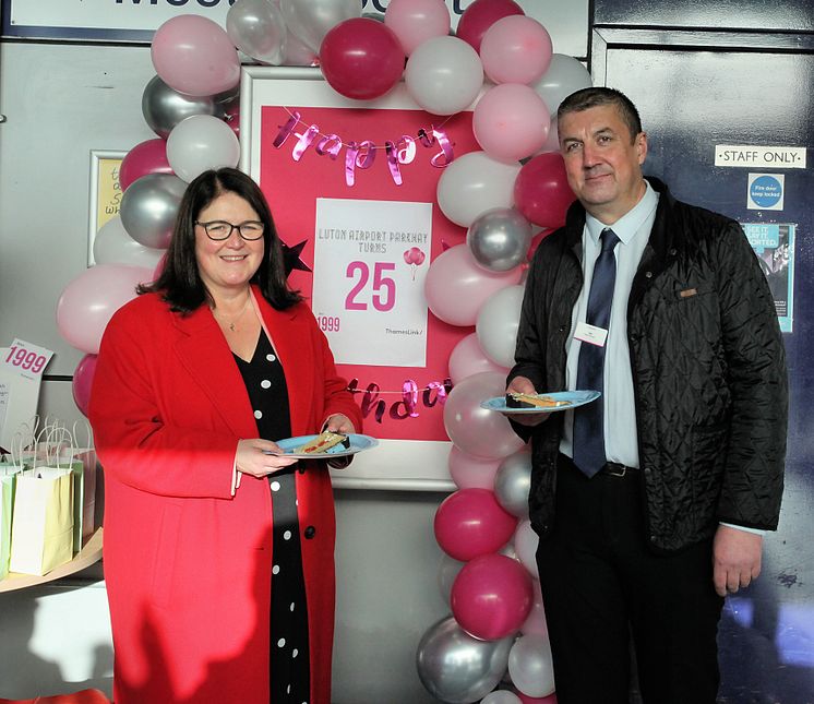 From left: MP for Luton South and South Bedfordshire, Rachel Hopkins, and  Luton Airport Parkway station manager, Joe Healy, celebrate the station's 25th anniversary
