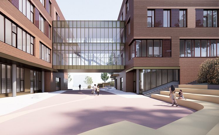Illustrasjon av en moderne mursteinsbygning med gangbro og mennesker i et grønt uteområde.