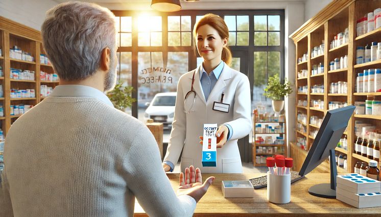 Apothekerin überreicht Stuhltest