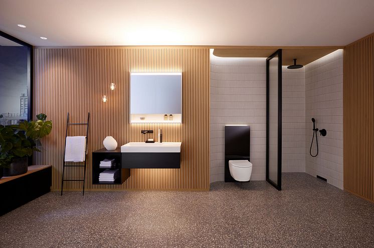 2023_ONE Bathroom single washplace, Geberit ONE mirror cabinet with niche, Monolith Plus, walldrain black_ComfortLight and lights on_Big Size.jpg