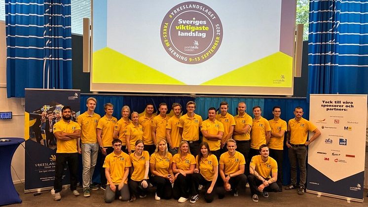 Gruppbild på yrkeslandslaget i sina gula tröjor och svenska flaggan på bröstet.