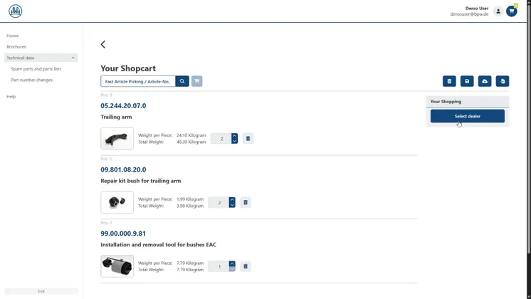 Screenshot of the MyBPW customer portal with genuine spare parts in the shopping basket to hand over to spare parts dealers. 