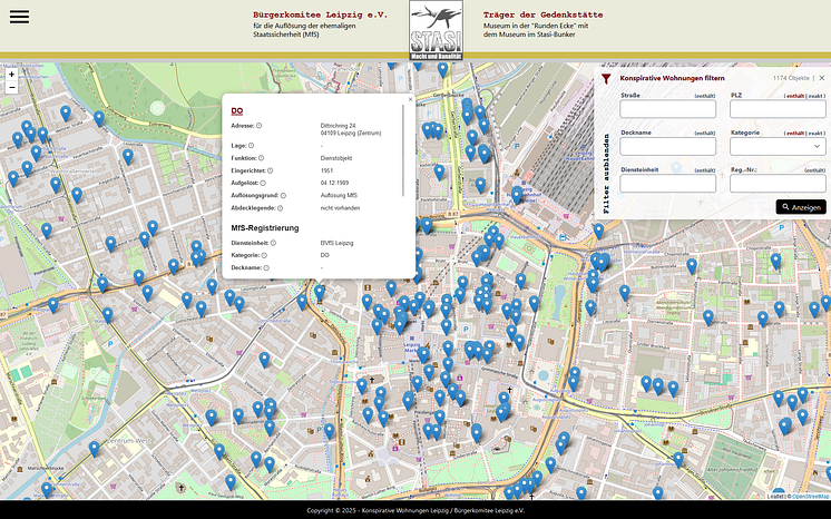 Screenshot: Interaktiver digitaler Stadtplan zu den geheimen Stasi-Objekten in Leipzig