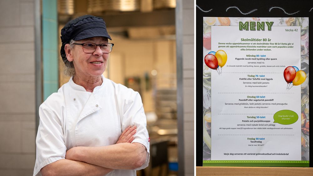 En medarbetare i skolrestaurangen visar upp jubileumsmenyn med skolmatsklassiker från olika årtionden.
