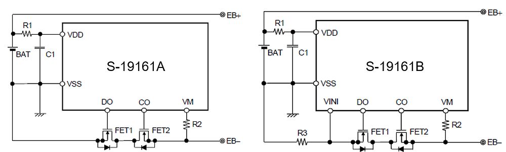 S-19161A/B系列的保護(hù)電路示例