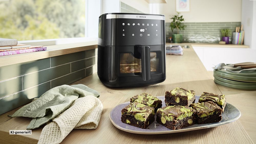 Bosch Air Fryer Serie 6 mit fertigen Matcha-Brownies.