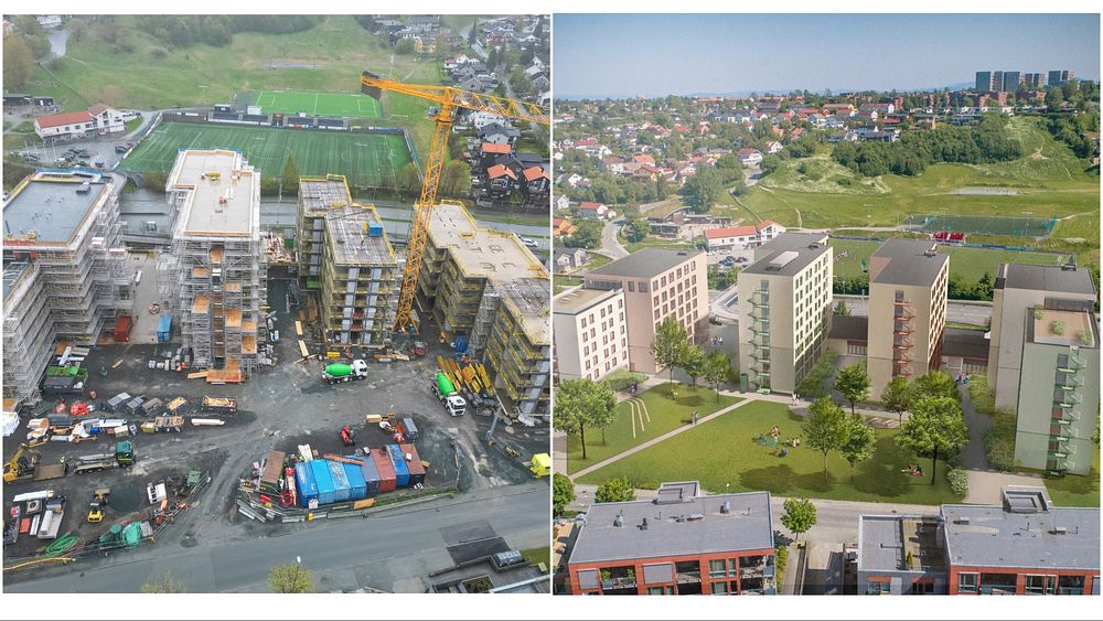 Kollasj med dronebilde av Nardovegen 12 i april 2025 og illustrasjoner om hvordan det vil bli seende ut når det står ferdig