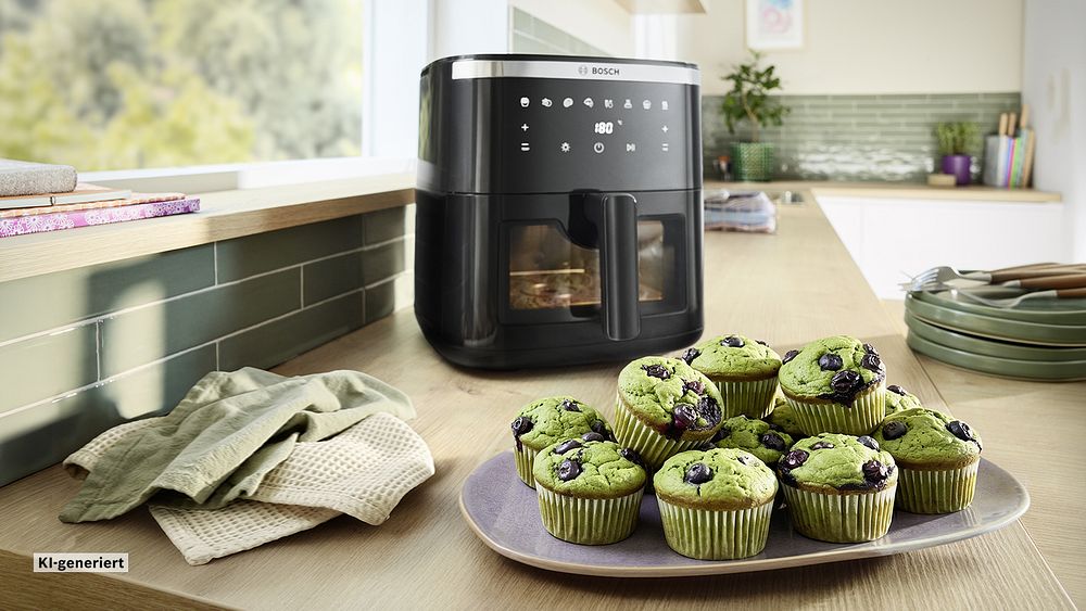 Bosch Air Fryer Serie 6 mit fertig gebackenen Matcha-Muffins.