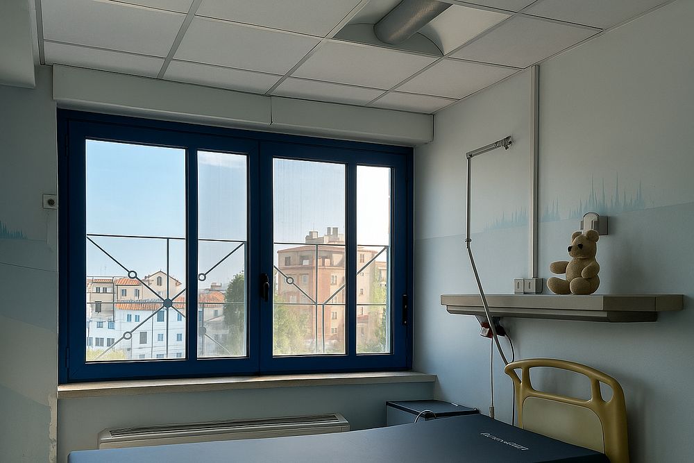 Daylit patient room with large windows at Nikaia Hospital in Greece, where ConverLight® was tested as part of the Switch2Save project.