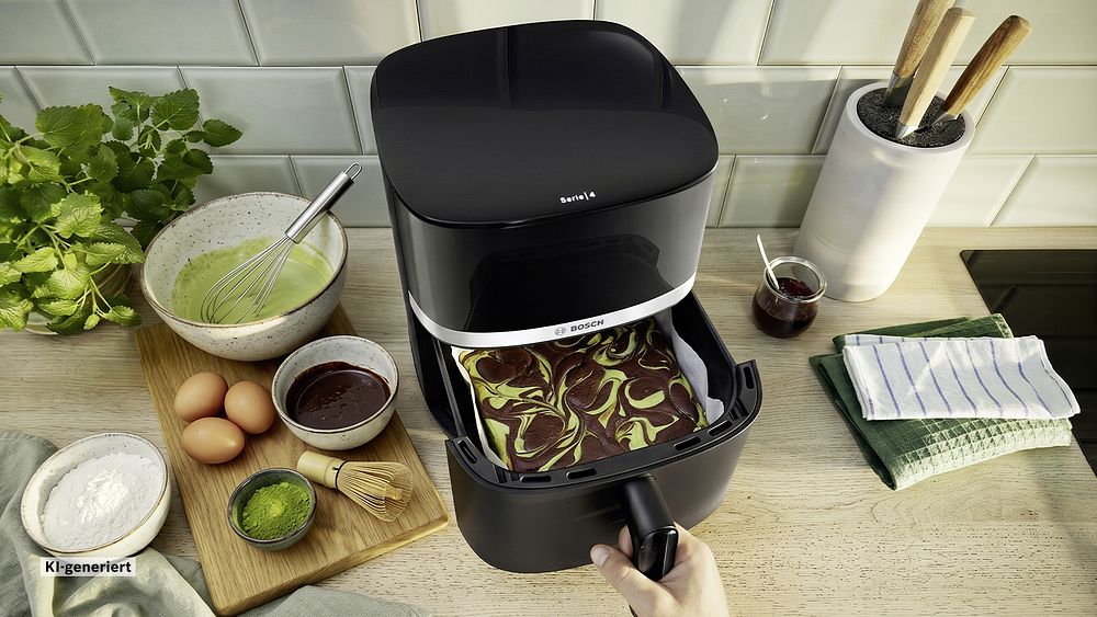 Bosch Air Fryer Serie 4 mit Matcha-Brownies in der geöffneten Schublade.