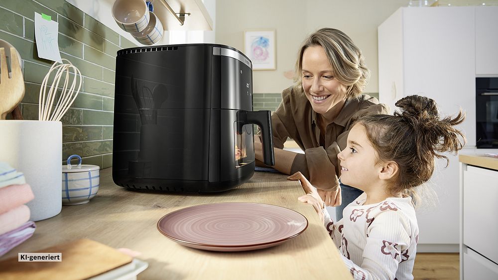 Mutter und Kind warten darauf, dass das Gebäck im Air Fryer fertig ist.