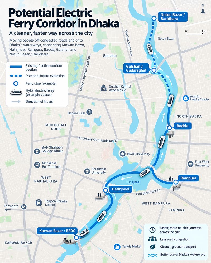 Illustrative map of a potential electric ferry corridor in Dhaka, Bangladesh, showing example Hyke ferry stops connecting Karwan Bazar, Hatirjheel, Rampura, Badda, Gulshan and Baridhara.