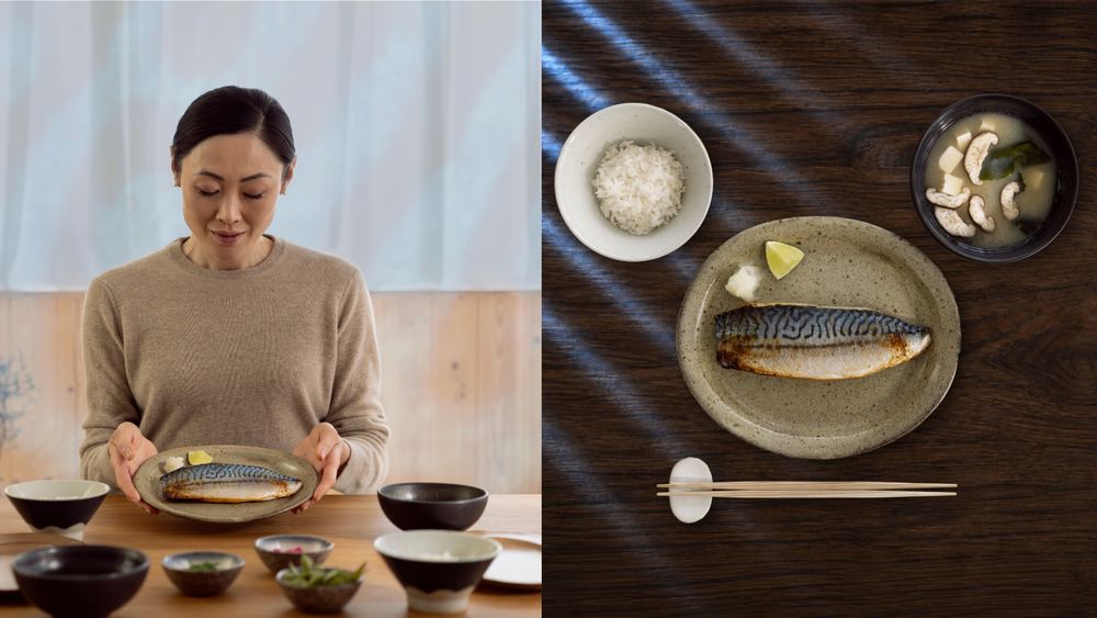Two photos for marketing and campaigns for mackerel in Japan, woman presenting plate with mackerel on the left, on the rigt close-up of plated mackerel.