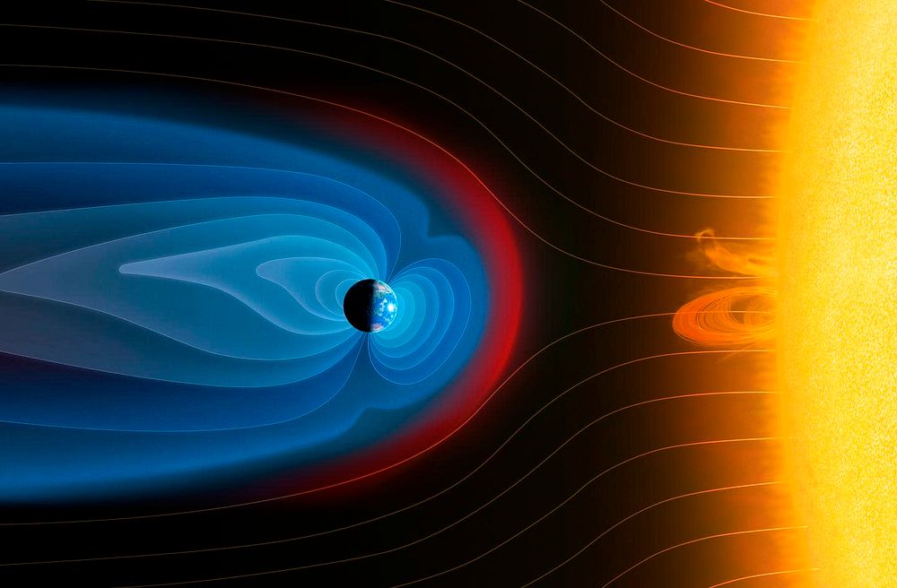 Illustration of Earth’s bow shock and magnetic field environment