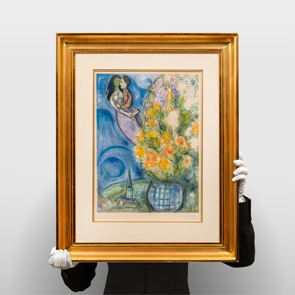 Marc Chagall, ’Les Coquelicots’, färglitografi, 1949, signerad och numrerad 210/400, 89 x 71 cm inkl. ram. Foto: Galleri Melefors