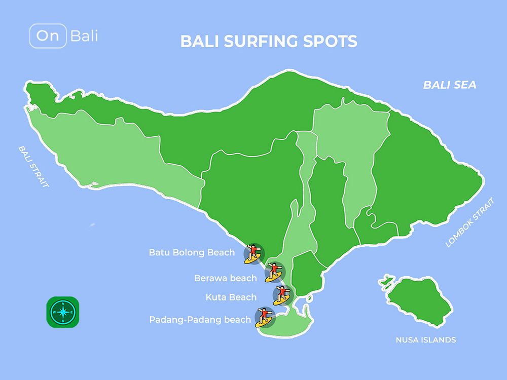 Map of the Best surf spots in Bali